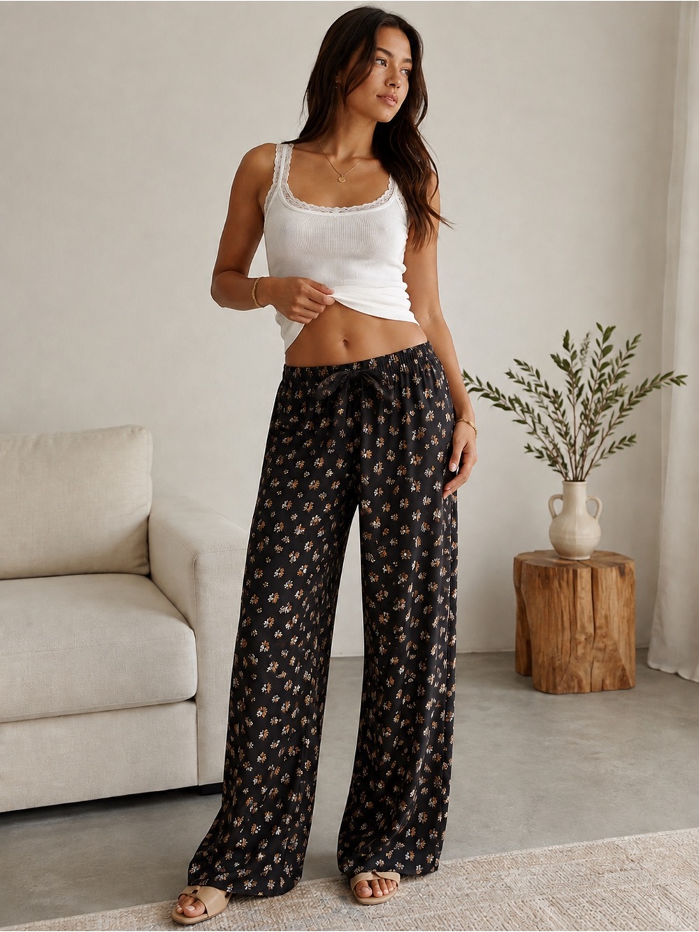 Wilfred Black Floral Print Wide-Leg Pants